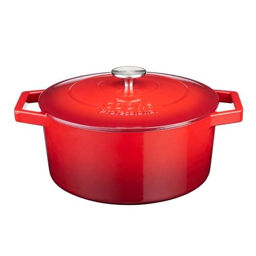 Image of Cooks Professional 26cm Cast Iron Casserole Dish 5.8L with Lid & Handles | Colourful Modern Design Enamelled Cooking Pan Pot | Suitable For All Hobs Inc Induction | Oven & Grill Safe | Red