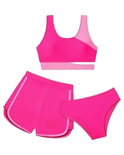 Image of Xumplo Girls 3 Piece Bikini Set Young Kids Color Block Swimming Costume with Shorts Bathing Suit Tweens Surfing Swimwear 7-8 Years Pink