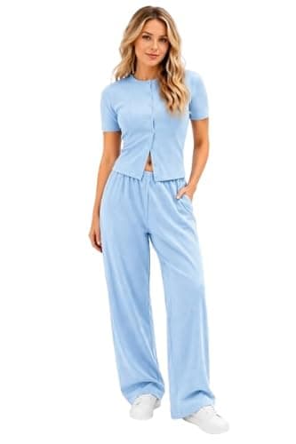 Image of Pretty Attitude Women’s Ribbed Two Piece Lounge Set – Button Front Top & Wide Leg Trousers Co-Ord Set UK Size SM to XL (Baby Blue, XS)