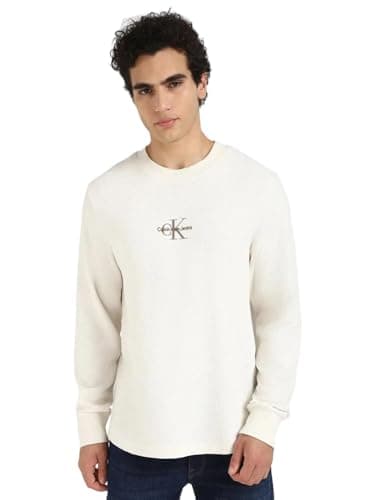 Image of Calvin Klein Men’s Monologo Waffle Round Neck Sweatshirt, Off-White (Ivory), XXS