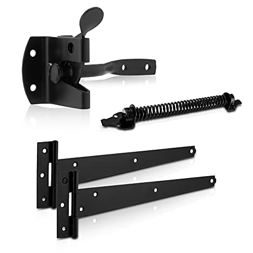 Image of XFORT Premier Auto Gate Latch Black Pack, Complete with 300mm T-Hinges & 8" Gate Spring, Weather Resistant Garden Gate Kit, Auto Gate Latch Set, Gate Fitting Kit Ideal for External Wooden Garden Gates