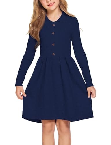 Image of Flypigs Girls Knitted Long Sleeve Sweater Dress Autumn Winter A-Line Casual Party Dress Navy Blue 4-5 Years