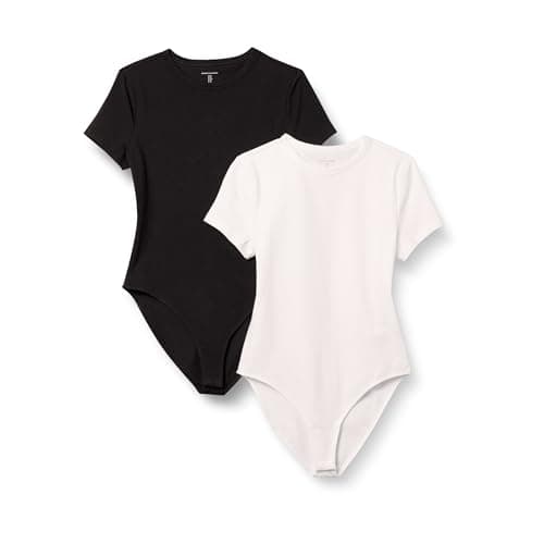 Image of Amazon Essentials Women's Stretch Cotton Jersey Slim-fit T-Shirt Bodysuit, Pack of 2, Black/White, S
