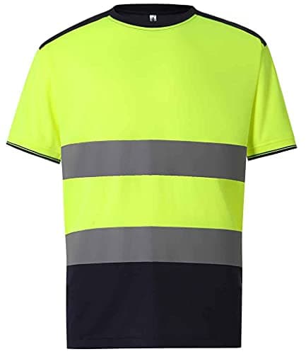 Image of Hi-Vis Two Tone Safety T-Shirt | Short Sleeve Reflective Workwear Top with Two Band & Braces | Lightweight Breathable High Visibility | Ideal for Construction (Yellow/​Navy, M)