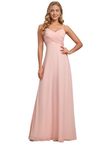 Image of Ever-Pretty Women's Spaghetti Straps V-Neck A-Line Chiffon Pink Prom Dress Maxi Bridesmaid Dress Pink 16UK