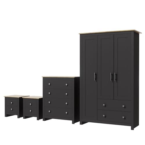 Image of Nera 4 Piece Bedroom Furniture Set 3 Door Wardrobe with Drawer Set Chest of Drawers and Bedside Cabinet Bedroom Storage (Grey on Oak)