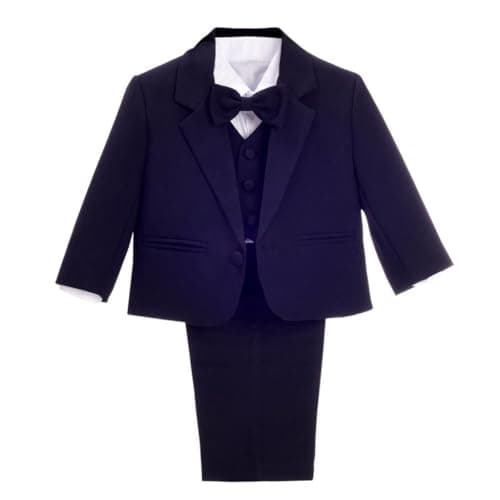 Image of Lito Angels Little Boy Formal Dress Suit Wedding Outfit Wear, 5 Pieces Set (Blazer, Shirt, Waistcoat, Trousers, Bow Tie) Age 7-8 Years (Tag Number 08), Dark Navy
