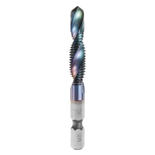 Image of sourcing map Combination Drill and Tap Bit, Metric M8 x 1.25 Thread 1/4" Hex Shank, Blue Nano Coated Threading Screw Taps Spiral Flute Drilling Tapping Tool, High Speed Steel (HSS) 4341