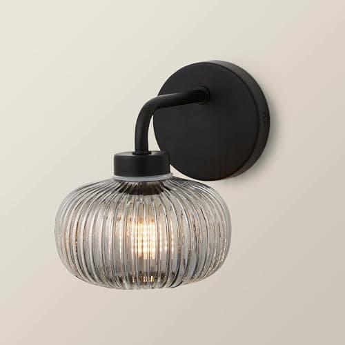 Image of ValueLights | Matt Black Wall Light Fitting with Smoked Ribbed Lampshade | Bath Wall Lights, Home Décor & Improvement Essential | IP44 Bathroom | Mains Wired