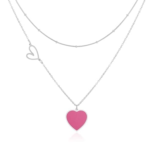 Image of Linawe Silver Layered Necklace for Women, Hot Pink Heart Choker Pendant Necklaces, Stainless Steel Stacked Necklaces, Y2K Preppy Double Heart Jewellery Lover Chain Necklace