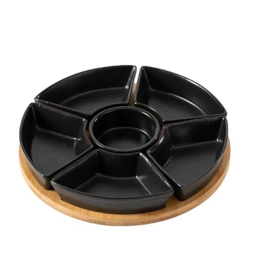 Image of Vencier Lazy Susan Rotating, Revolving Dip Set Snack Bowl Serving Platter with 6 Ceramic Dishes Dips, Snacks & Appetisers (Black)