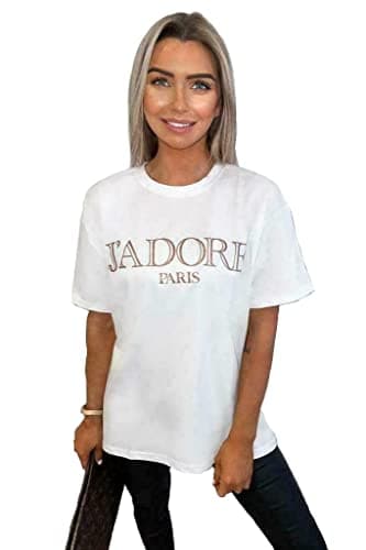 Image of Pure Fashion UK® Women's Slogan Printed Oversized Short Sleeves T-Shirt Ladies Summer Baggy Loose Fit Round Neck Tee Tops Elegant Casual Wear Shirts (J'Adore White, M-L)