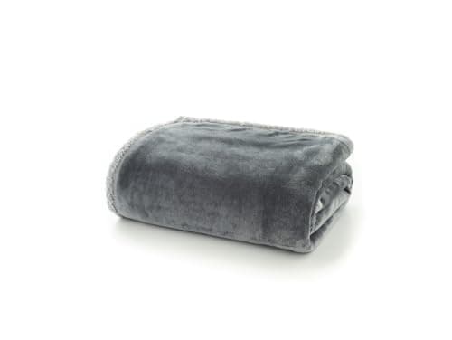 Image of Deyongs Hazelwood Reversible Sherpa Fleece Throw Blanket 130x170cm - Silver | Ultra Soft 220gsm Flannel + 220gsm Sherpa | Cosy Sofa Bed Couch Travel | Machine Washable | Designed in Great Br
