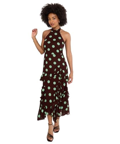 Image of Joe Browns Women's Polka Dot Halter Neck Midi Dress with Ruffle Hem, Regular, Brown, UK 14