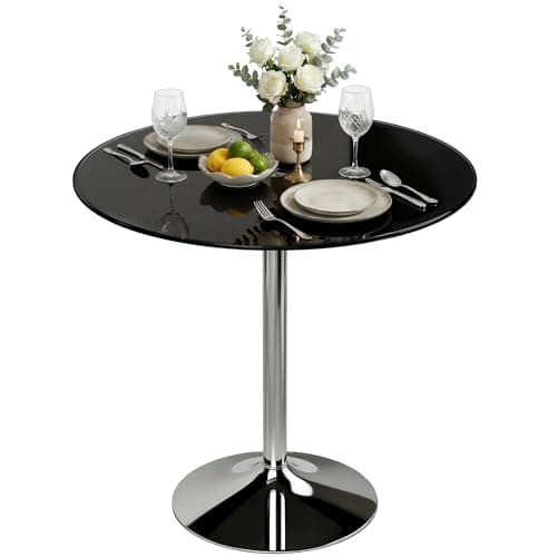 Image of HOMCOM Round Bar Table, Modern Dining Table with Tempered Glass Top and Steel Frame for 4, Easy Assembly for Breakfast Bar, Dining Room, 80 x 80 x 77cm, Black