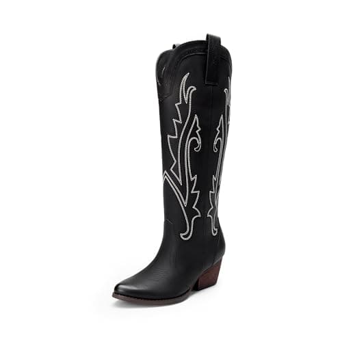 Image of DREAM PAIRS Womens Cowboy Knee High Boots Comfortable Pull On Side Zipper Chunky Heel Embroidered Western Cowgirl Boots Retro Tall Boot for Theme Party Country Concert,Size 6,Black,DWUMKB2501