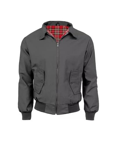 Image of Fashion Force Men’s Classic Harrington Jacket – Retro Inspired Zip-Up Casual Coat with Tartan Lining, Lightweight Smart Outerwear (Grey, XL)