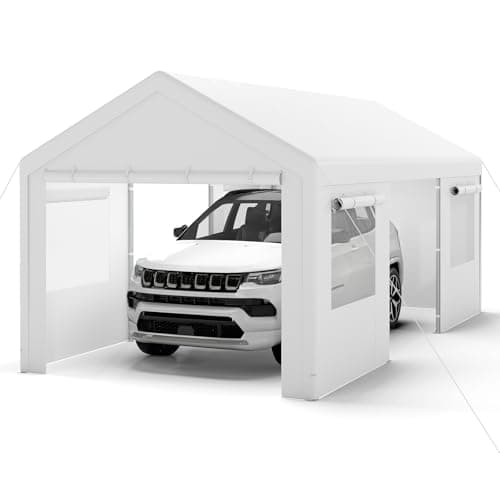 Image of COSTWAY 10 x 20FT Carport, Heavy Duty Car Canopy with Water-Resistant PE Tarp, Roll-Up Ventilated Windows, Removable Sidewalls & Doors, Outdoor Garage Car Shelter Tent for Truck Boat (White)