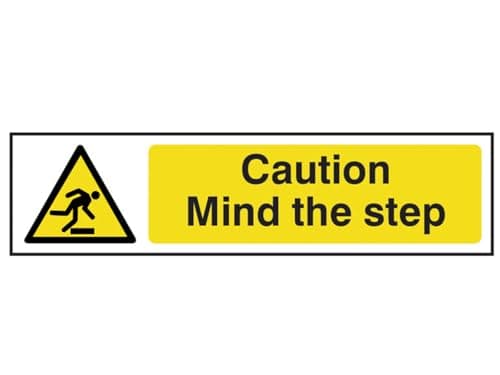Image of Scan SCA5109 Self adhesive PVC sign - Caution Mind the step - White, 200 x 50mm
