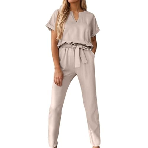Image of Generisch Jumpsuit Women's Trouser Suit Overall Set Women's Jumpsuit Short Sleeve V-Neck Casual Romper Playsuit Elegant Loose Jumpsuit for Streetwear Dating Shopping, Rose Gold, S