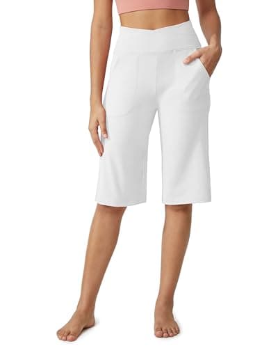 Image of G4Free Cropped Trousers for Women UK Knee Length Shorts Wide Leg Yoga Pants with Pockets High Waist Ladies Capri Stretch Summer Casual Pants(White,XL,14")