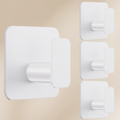 Image of Aikzik Large Self Adhesive Hooks 4 Pack, Over 10kg Load - Stick on Hooks Heavy Duty Stainless Steel, Strong Sticky for Hanging Towel, Coat, Robe, Tea Towel Holder for Door or on Wall - White