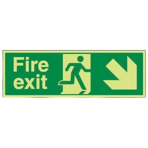 Image of V Safety Glow In The Dark Fire Exit Arrow Down Right Sign - 450mm x 150mm - Rigid Plastic