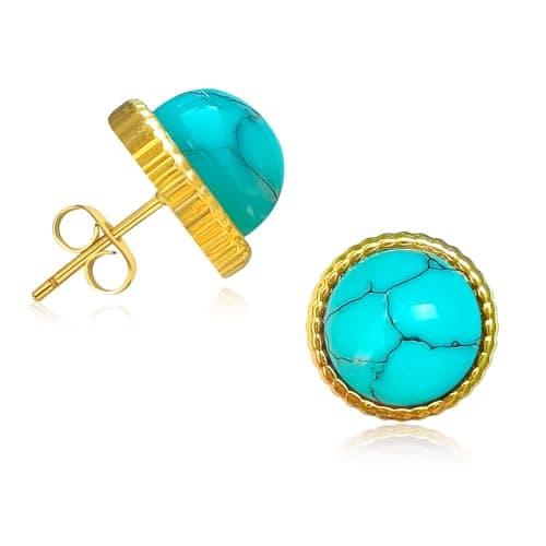 Image of Turquoise Stone Stud Post Earrings,8MM Natural Stone Earrings Studs for Sensitive Ears,Retro Dainty 18K Gold Plated Earrings,Round Natural Gemstone Stud for Birthday Anniversary Gifts (blue)