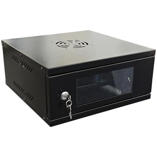 Image of JUSTOP 2U Wall Mounted Network Data Cabinet, Black, 400mm Deep, 10 inch, Lockable Glass Door, 1x Shelf included, for Home/Office AV, CCTV, Computer, IT Equipment, Data Storage Devices - Flat Packed