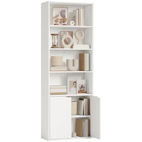 Image of HOMCOM 6-Tier Tall Bookcase, Bookshelf with 4 Open Shelves and Double Door Storage Cabinet, Freestanding Display Rack for Living Room, Bedroom, Home Office, Study, 59 x 29 x 180cm, White