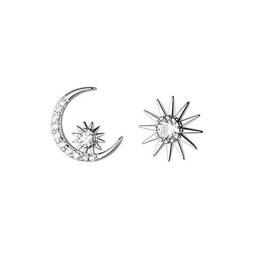 Image of Reffeer Solid 925 Sterling Silver CZ Moon Star Earrings Stud for Women Earrings Moon Sun Studs Earrings Asymmetric (A-Silver)