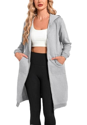 Image of Oyamiki Oversized Hoodie Women Longline Hoodies with Pockets Fleece Jackets Full Zip Casual Long Sweatshirts Grey XL