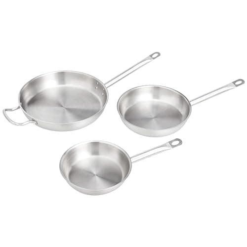 Image of Amazon Basics Set of 3 Stainless Steel Aluminum-Clad Frying Pan Skillet Set, Oven Safe, with 20 cm, 24 cm and 30 cm Pans, Silver