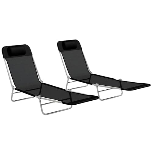Image of Outsunny Outdoor Foldable Sun Loungers Set of 2, Adjustable Backrest Garden Recliner Sun Lounger Chair with Headrest Pillow, Black
