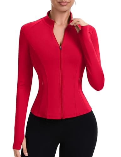 Image of IECCP Womens Sport Jackets Running Top Long Sleeve Gym Shirts Workout Fitess Activewear T-Shirt Lightweight Breathable Yoga Tops with Thumb Hole and Zip Side Pocket Red S