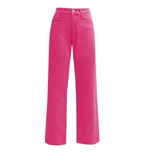 Image of Wide Leg Jeans for Women High Waist Straight Leg Distressed Palazzo Jeans Soild Color Smart Casual Denim Trousers Baggy Denim Lounge Pants Fashion Spring Work Trousers with Pockets,Hot Pink,XXL