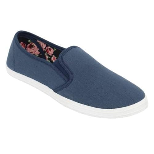 Image of Womens Floral Canvas Plimsolls Slip On Trainers Ladies Casual Flat Pumps Lightweight Breathable Summer Shoes Comfort Cushioned Walking Gym Fashion Sneakers Navy 6