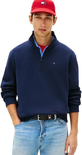 Image of Tommy Jeans Men's TJM Reg Fleece 1/4Zip Mock Neck DM0DM20339 Half Zip Sweatshirt, Blue (Dark Night Navy), XXL