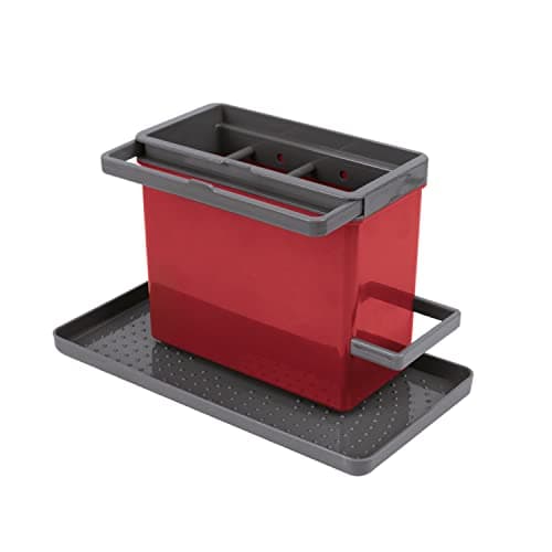 Image of Metaltex Tidy-Tex Kitchen Sink Organiser - Storage Caddy and Tray for Kitchen Cleaning Essentials - Grey-Red, 24 x 13 x 14 Centimetres