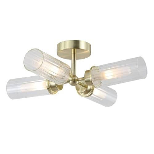 Image of Britalia Ceiling Light, Bathroom, 39cm, Satin Brass, Metal with Ribbed Glass, Vintage Style, 14cm x 39cm, Indoor Outdoor IP44 Rated, G9 Electric, 4 lamp