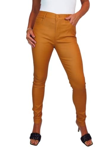 Image of icecoolfashion Women's High Waist Stretch Leather Look Jeans Ladies Skinny Coated Jean Trousers with Pockets Mustard Yellow 10-22 (18)