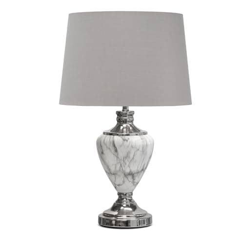 Image of Lighting Supermarket Hepburn Large Tall Table Lamp, Grey Marble Effect Base with Antique Brass Detail, Fabric Shade for Living Room, Console or Side Table (Grey Silver Lined)