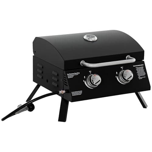 Image of Outsunny 2 Burner Gas BBQ Grill Outdoor Portable Folding Tabletop Barbecue w/Lid, Thermometer, Carbon Steel, Black