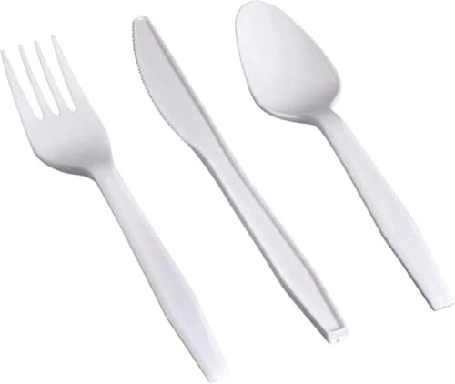 Image of Shefa 300 Premium White Reusable Set - 100 Spoon, 100 Fork, 100 Knife - Reusable & Washable, Heavy Duty Cutlery, 6" Long Tablespoon - Ideal for Birthday, Parties, Camping, Catering