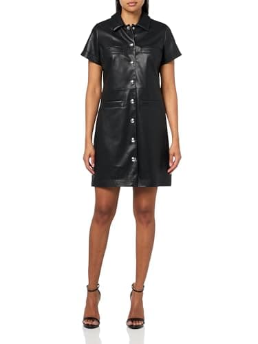 Image of Hugo Women's Faux Leather Shirt Dress Casual, Black Gloss, 8