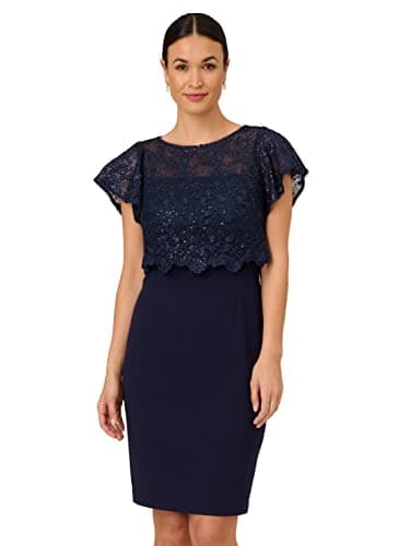 Image of Adrianna Papell Women's Sequin Guipure Crepe Dress, Navy, 12