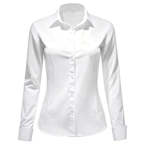Image of Okdance Womens Long Sleeve Blouse Stretch Fitted Formal Button Down Shirt Wrinkle Business Casual Work Office Ladies Blouses (UK, Alpha, M, Regular, Regular, White)