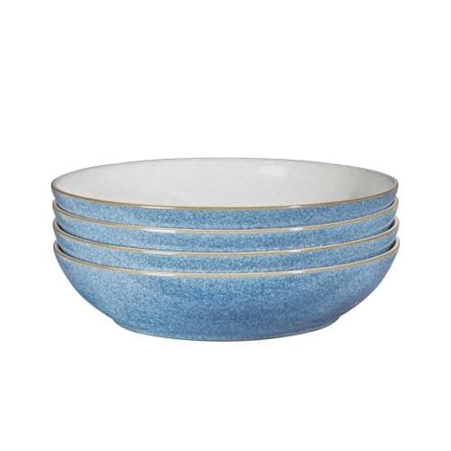 Image of Denby - Elements Blue Pasta Bowls Set of 4 - Dishwasher Microwave Safe Crockery 1050ml 22cm - Blue, White Ceramic Stoneware Tableware - Chip & Crack Resistant