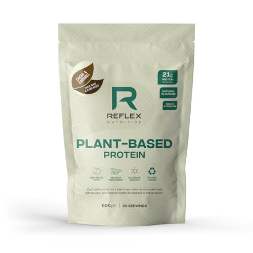 Image of Reflex Nutrition Plant Based Protein - 21g Vegan Protein Powder (Pea Protein, Brown Rice Protein & Pumpkin Seeds) - Digestive Enzymes & Vitamin B12 - Natural Flavours (Cacao & Caramel, 20 Servings)