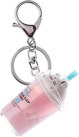 Image of Wyjuan Pink Boba Keychain Milk Tea Cup Key Ring,Mini Milk Tea Cup Liquid Crystal Sequin Key Ring Bag Cartoon Cat Car Keychain Women Pendant Accessories,Keyrings